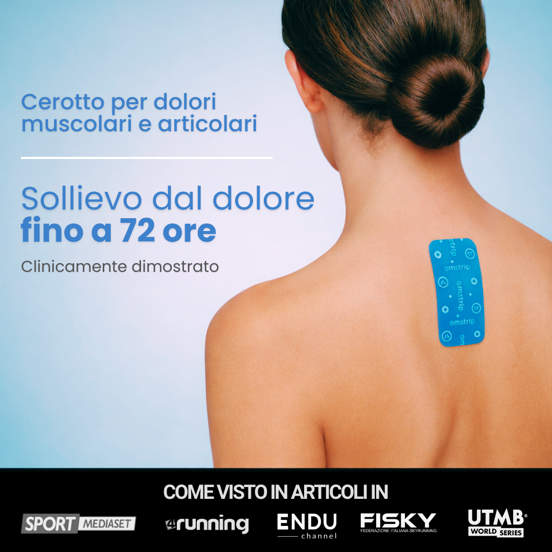 Cerotto antidolorifico Omstrip Wellness applicato su schiena.